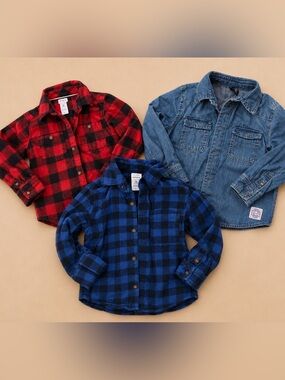 Toddler Boys 3T Button Down Shirt Bundle Plaid + Denim 3 Pc set
